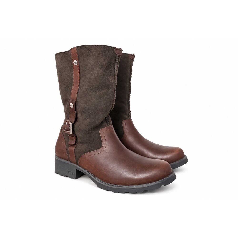 UGG Brown Leather Sheepskin Boots Women 9.5 Moto Biker Cozy Winter Mid Calf